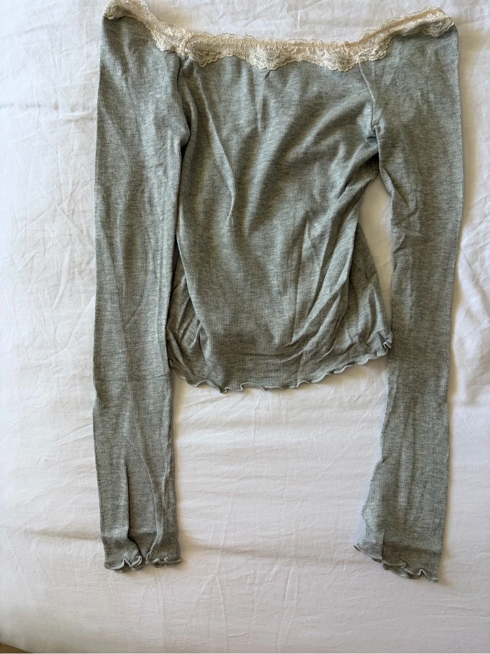 Free People oh my darling Light Gray Lace-Trim Long Sleeve Top